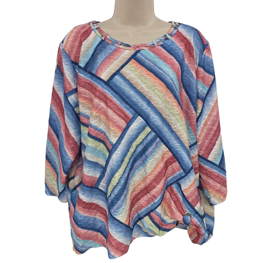 Alfred Dunner Shirt Women‎ XL Festive Stripe Rhinestone Tunic Top Artsy Spring